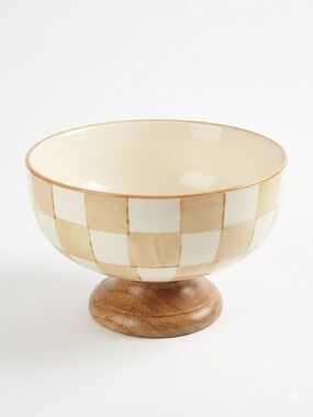 Mocha Checkered Ceramic Pedestal Bowl in Cream and Tan